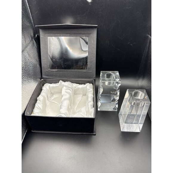 Oleg Cassini 4 Inch Crystal Candlestick Holder Set With Box 1” Candle Opening - Picture 1 of 10
